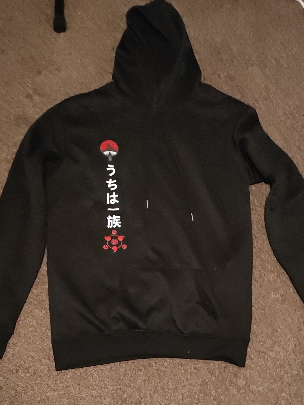 Black Graphic Hoodie with Vertical Japanese Text and Red Emblem